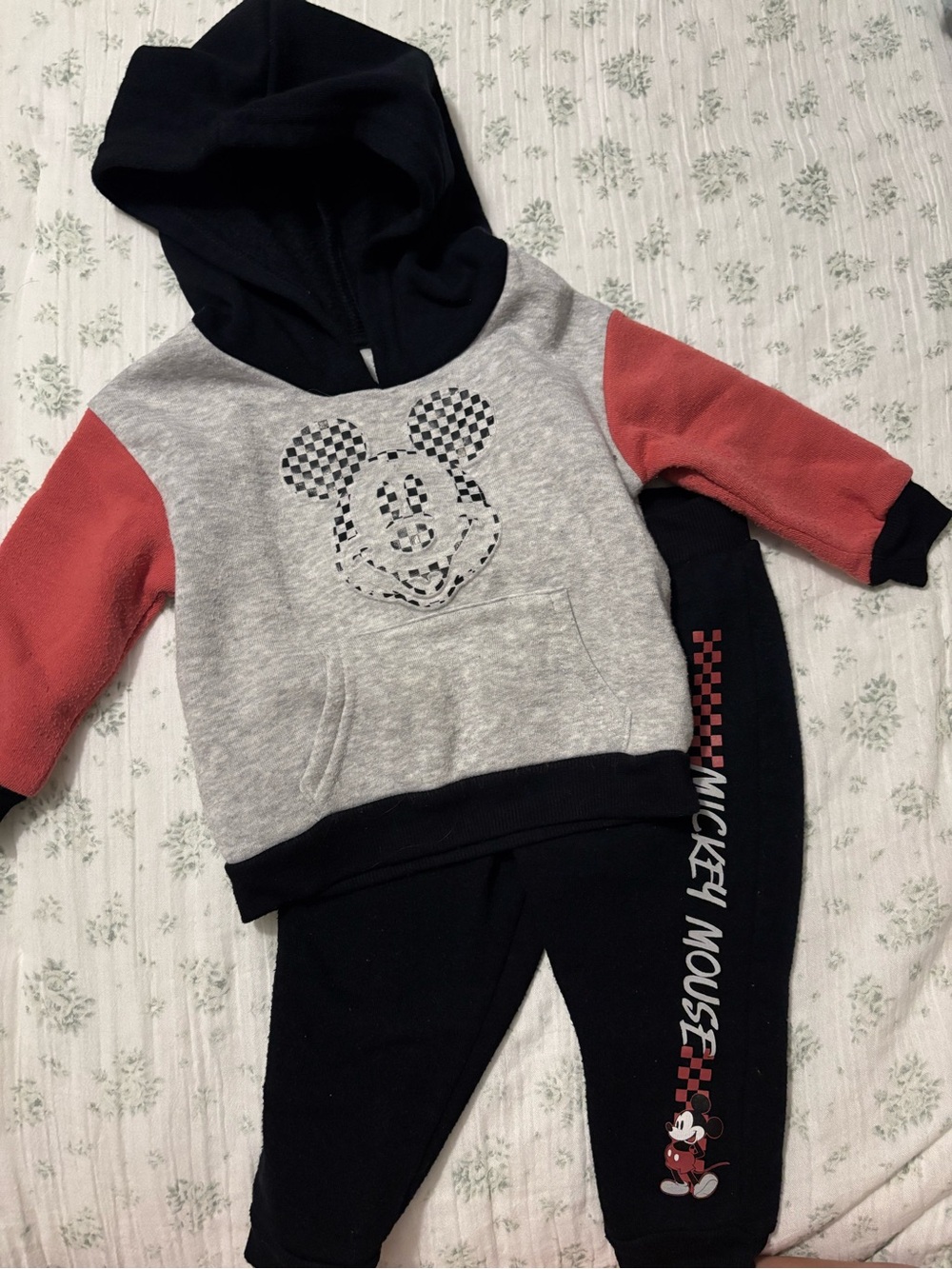 Disney Gray & Black Hooded Mickey Sweatshirt Set with Coral Sleeves